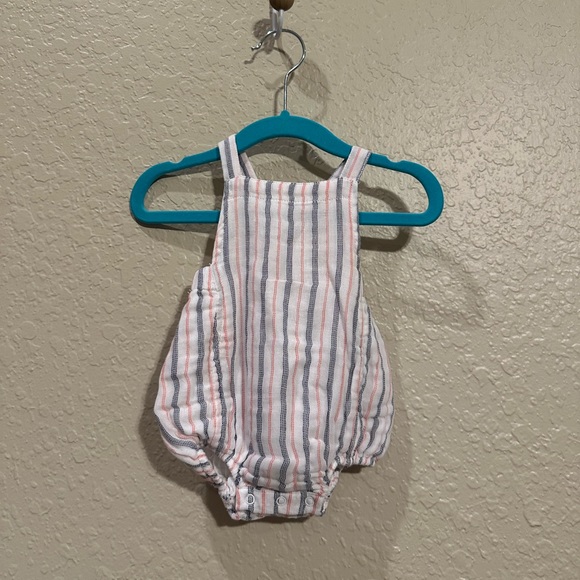Angel Dear Muslin Retro Sunsuit Ticking Stripe Navy Clay NWT - Picture 2 of 5